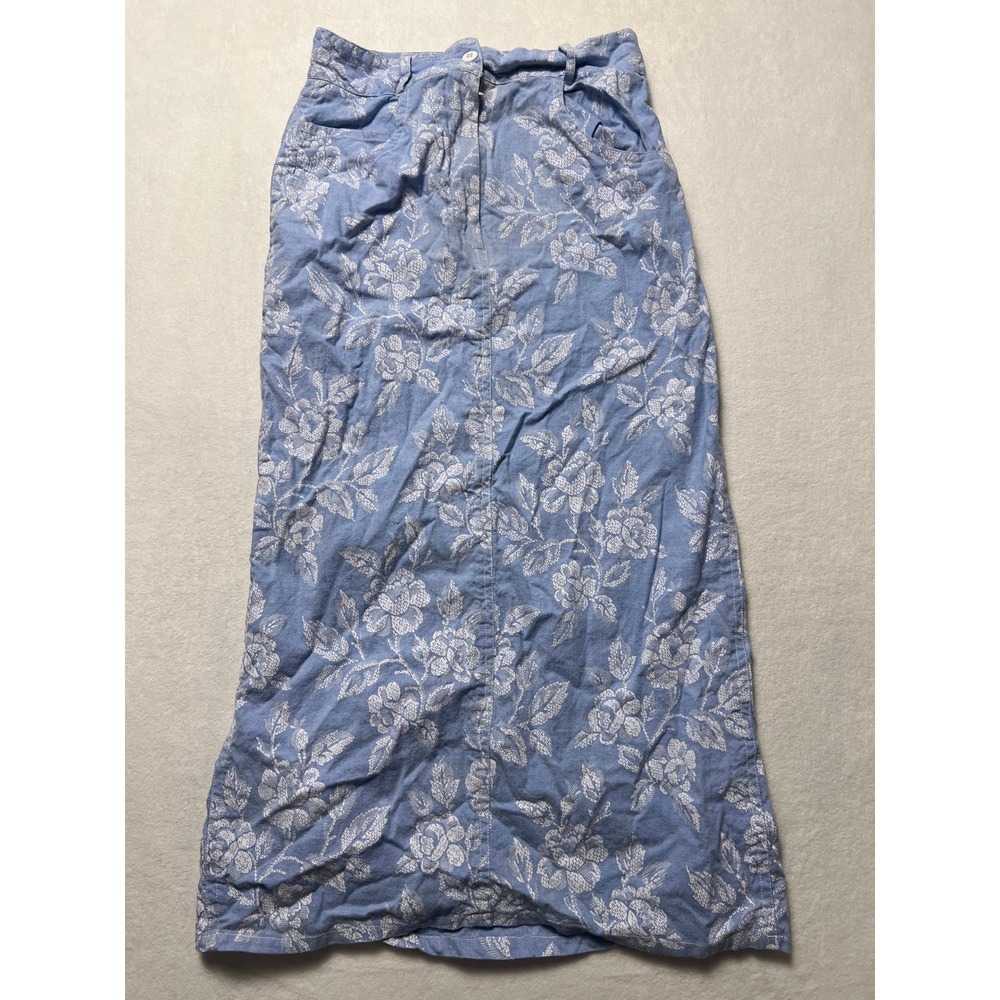 VTG Adini 7 Maxi Skirt Cottagecore Boho Blue White Floral Cotton Pockets Fairy
